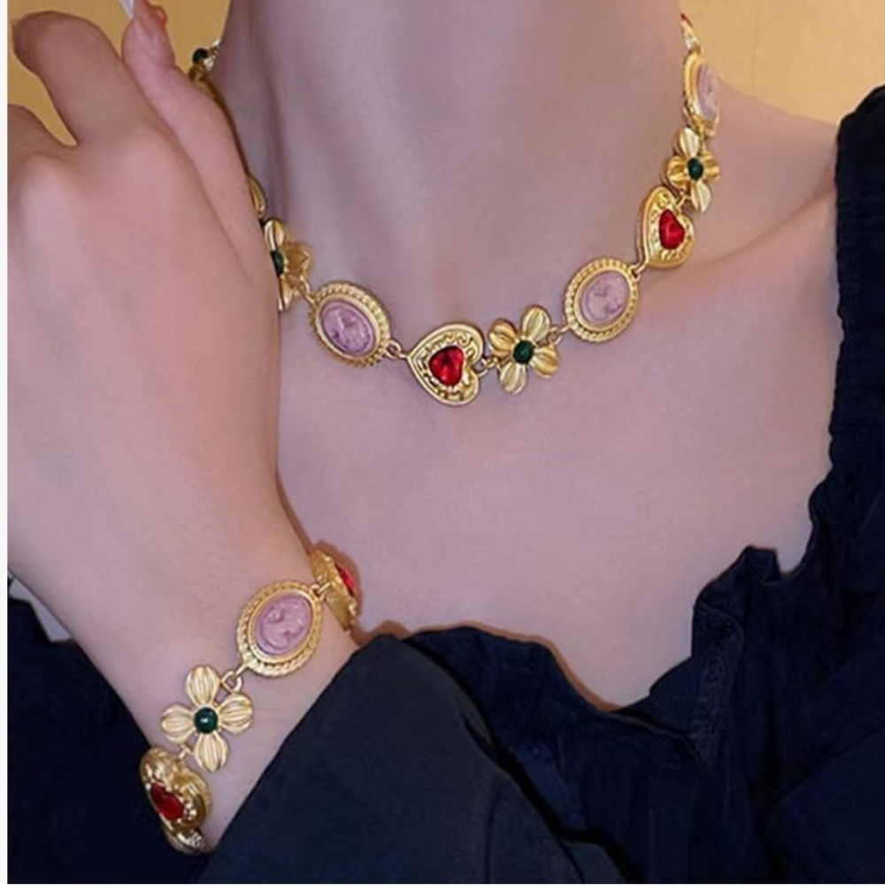 Coquette gold cameo choker style necklace and bracelet set - Picture 2 of 4